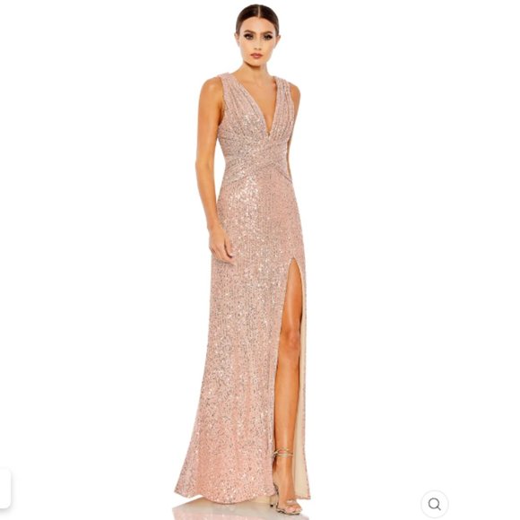 V-NECK SEQUIN WRAP WAIST GOWN Size 16 COLOR — Rose Gold New With Tags